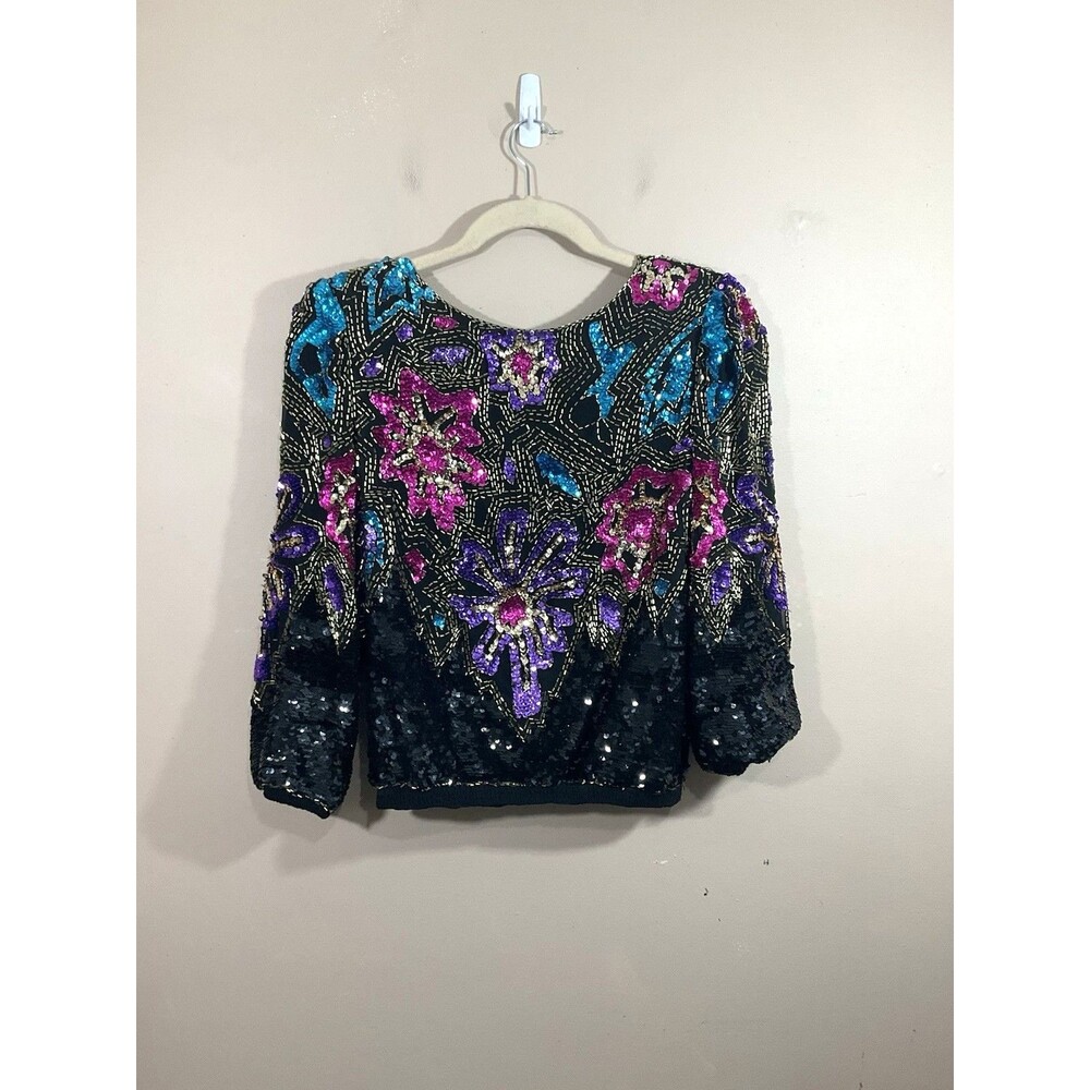 Vintage Swee Lo Womens Silk Beaded Sequined Shirt L Black 80s Glam Gala Party
